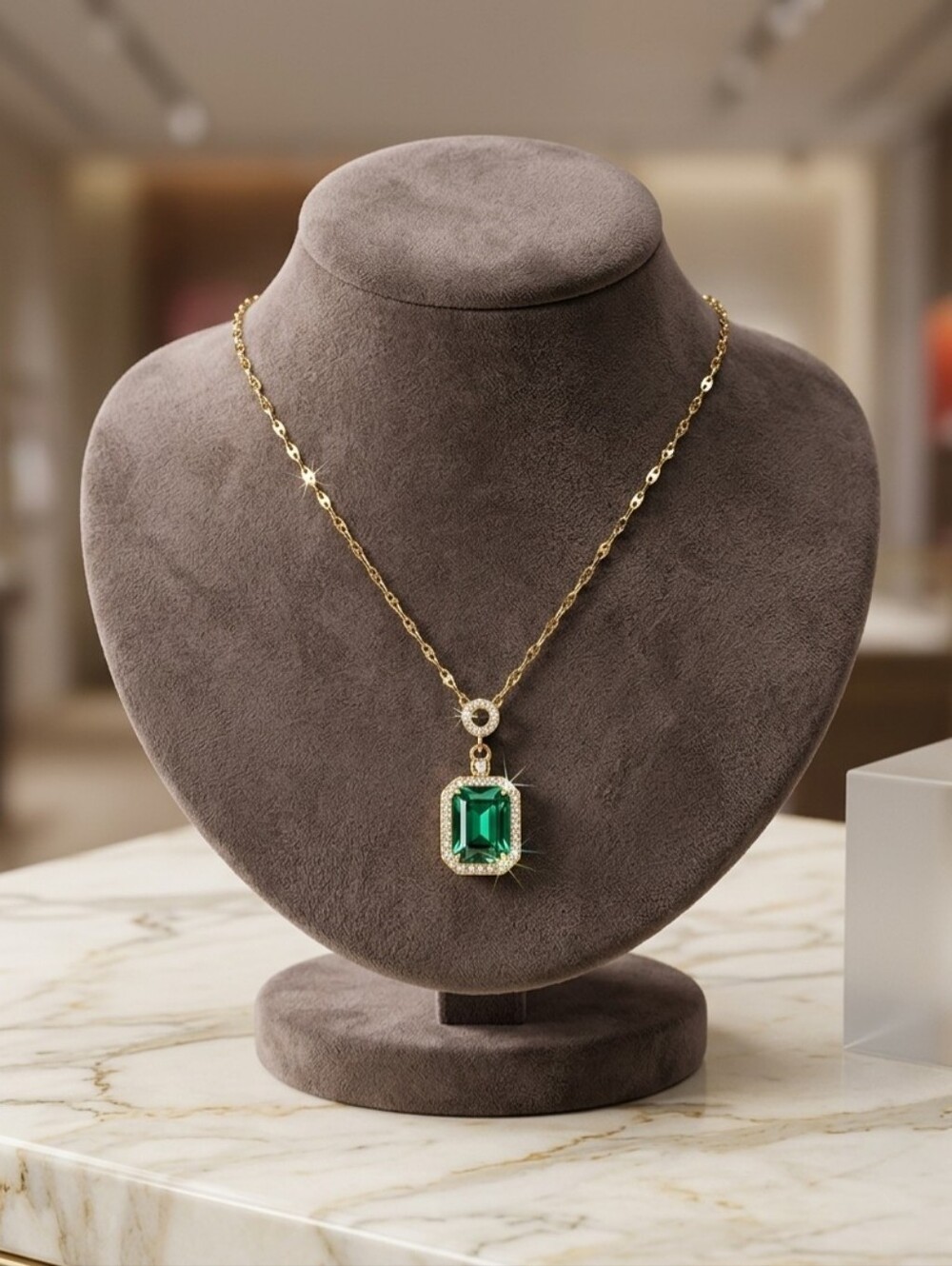 Gold-Tone Emerald Green Crystal Halo Pendant Necklace
